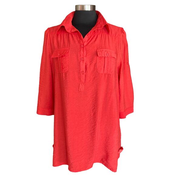 Cotton Express Red Popover Tunic Sz XL Roll Tab Sleeves Back Button Detailing - Picture 2 of 9